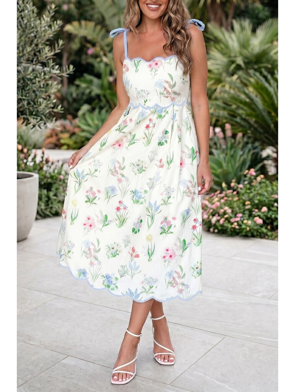 Women’s White Floral Midi Dress with Blue Tie Straps
